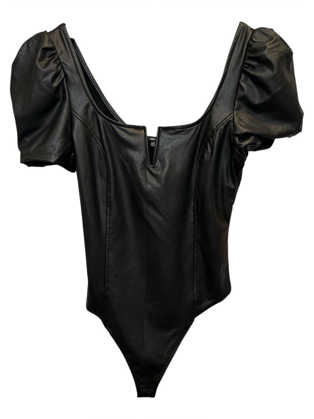 Blashe Black Faux Leather Puff Sleeve Snap Crotch Thong Bodysuit NWT